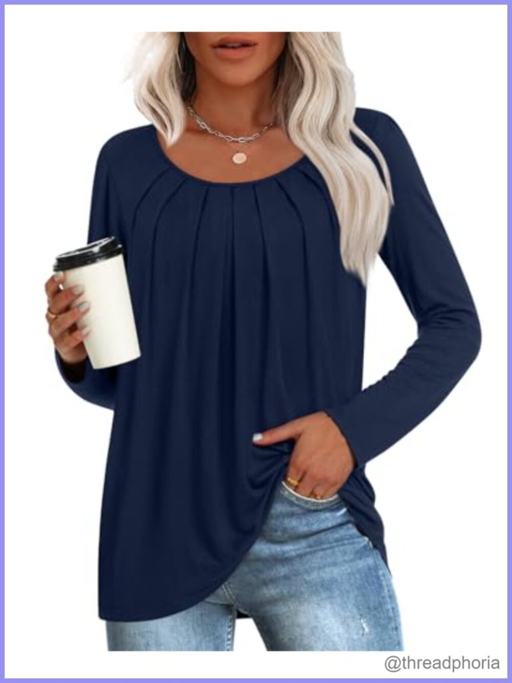 Women's Pleated Tunic Top Crew Neck Long Sleeve Loose Fit Rayon Spandex Casual